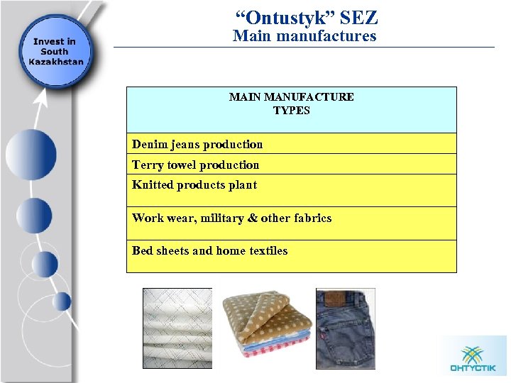 “Ontustyk” SEZ Main manufactures MAIN MANUFACTURE TYPES Denim jeans production Terry towel production Knitted