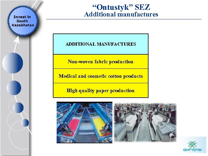 “Ontustyk” SEZ Additional manufactures ADDITIONAL MANUFACTURES Non-woven fabric production Medical and cosmetic cotton products