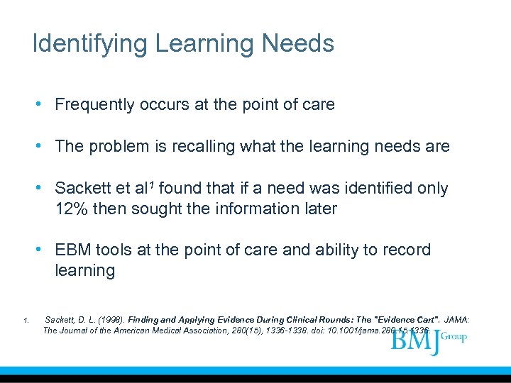 Identifying Learning Needs • Frequently occurs at the point of care • The problem