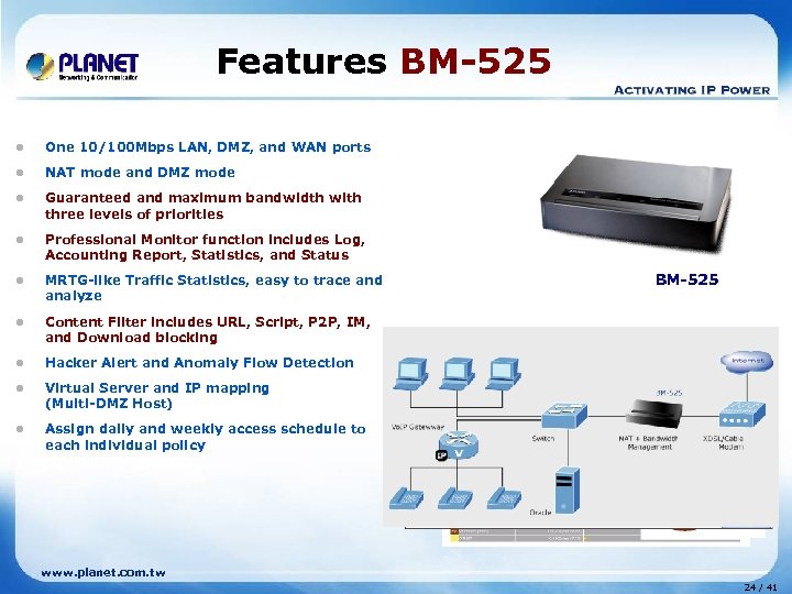 Features BM-525 l One 10/100 Mbps LAN, DMZ, and WAN ports l NAT mode