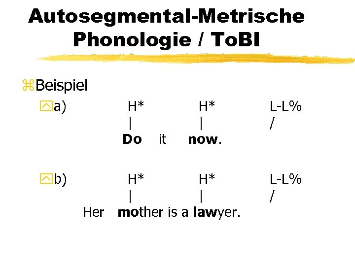 Autosegmental-Metrische Phonologie / To. BI z. Beispiel ya) yb) H* | Do it H*