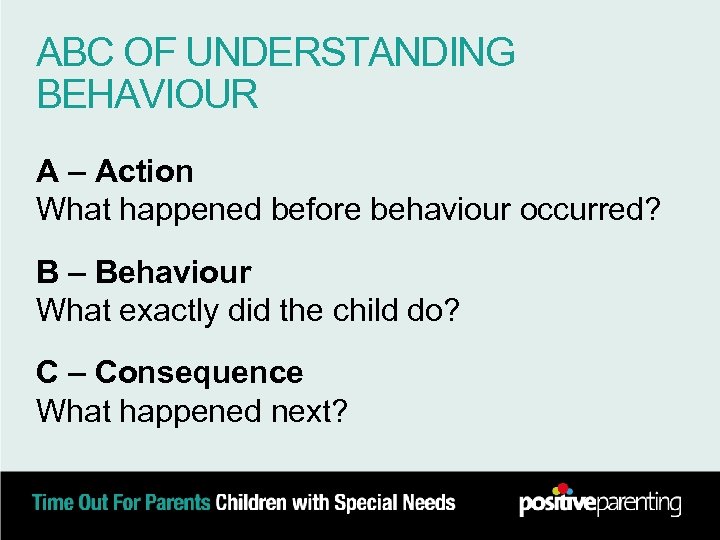 ABC OF UNDERSTANDING BEHAVIOUR A – Action What happened before behaviour occurred? B –