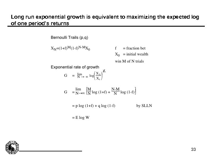 Long run exponential growth is equivalent to maximizing the expected log of one period’s