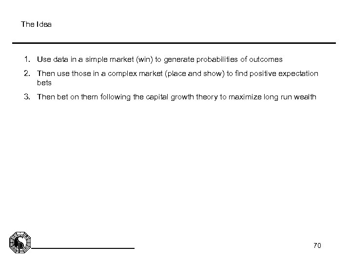 The Idea 1. Use data in a simple market (win) to generate probabilities of