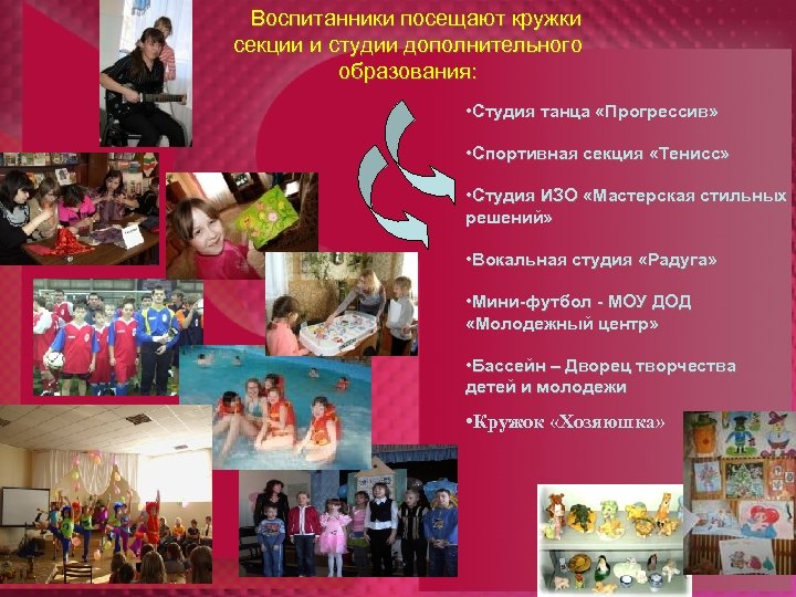 Воспитанники посещают кружки секции и студии дополнительного образования: • Студия танца «Прогрессив» • Спортивная