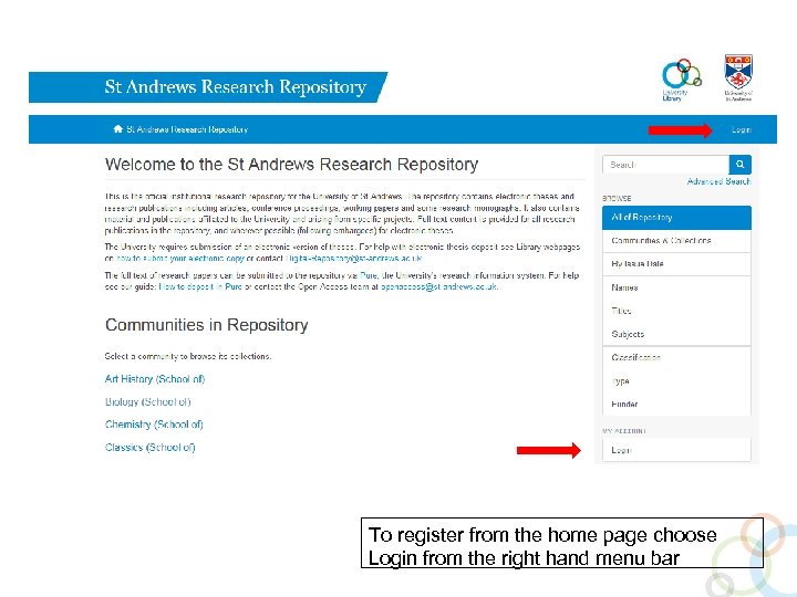 To register from the home page choose Login from the right hand menu bar