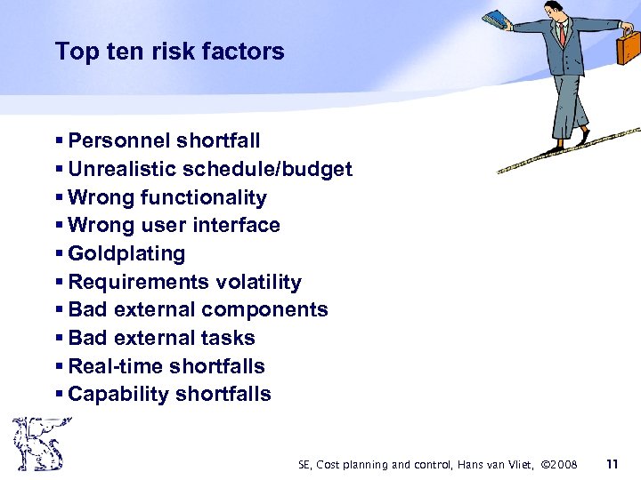 Top ten risk factors § Personnel shortfall § Unrealistic schedule/budget § Wrong functionality §