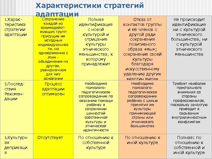 1. Характеристика стратегии адаптации 2. Последствия Рекомендации 3. Культурн ая деприваци я Характеристики стратегий