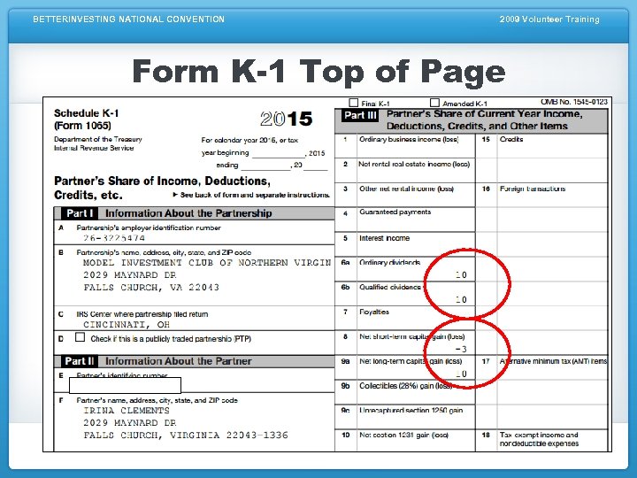 BETTERINVESTING NATIONAL CONVENTION 2009 Volunteer Training Form K-1 Top of Page 