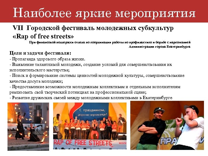 Наиболее яркие мероприятия VII Городской фестиваль молодежных субкультур «Rap of free streets» При финансовой