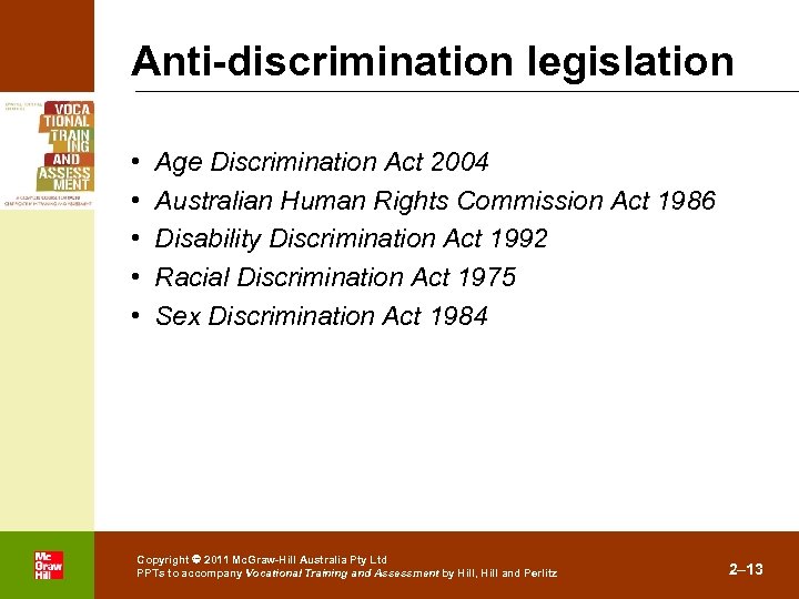 Anti-discrimination legislation • • • . Age Discrimination Act 2004 Australian Human Rights Commission