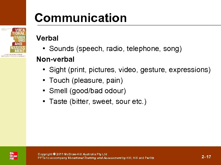 Communication Verbal • Sounds (speech, radio, telephone, song) Non-verbal • Sight (print, pictures, video,