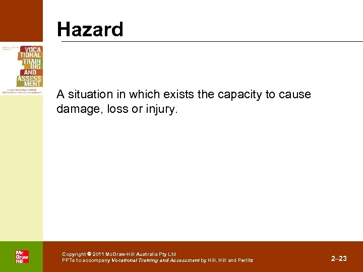 Hazard A situation in which exists the capacity to cause damage, loss or injury.