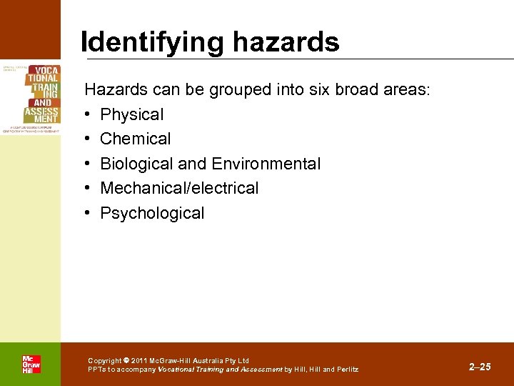 Identifying hazards Hazards can be grouped into six broad areas: • Physical • Chemical