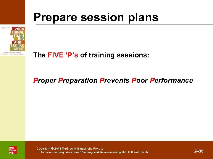 Prepare session plans The FIVE ‘P’s of training sessions: Proper Preparation Prevents Poor Performance