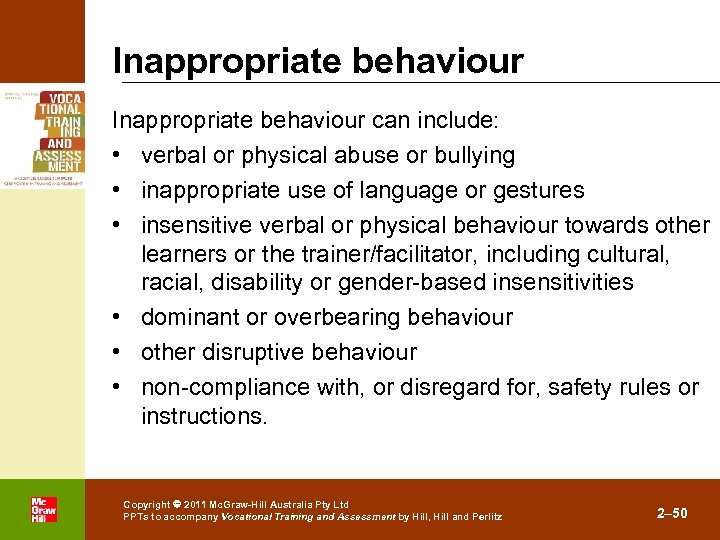 Inappropriate behaviour can include: • verbal or physical abuse or bullying • inappropriate use