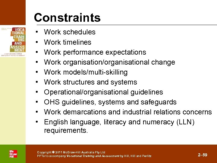 Constraints • • • . Work schedules Work timelines Work performance expectations Work organisation/organisational