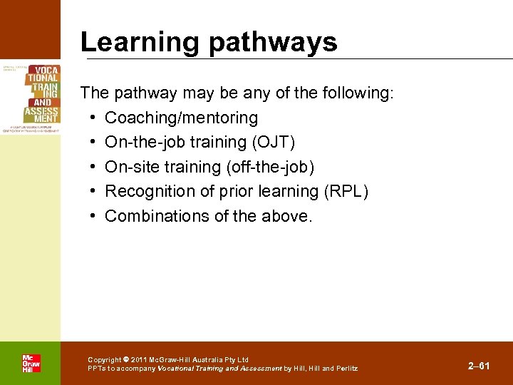Learning pathways The pathway may be any of the following: • Coaching/mentoring • On-the-job