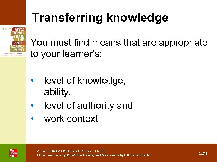 Transferring knowledge You must find means that are appropriate to your learner’s; • •