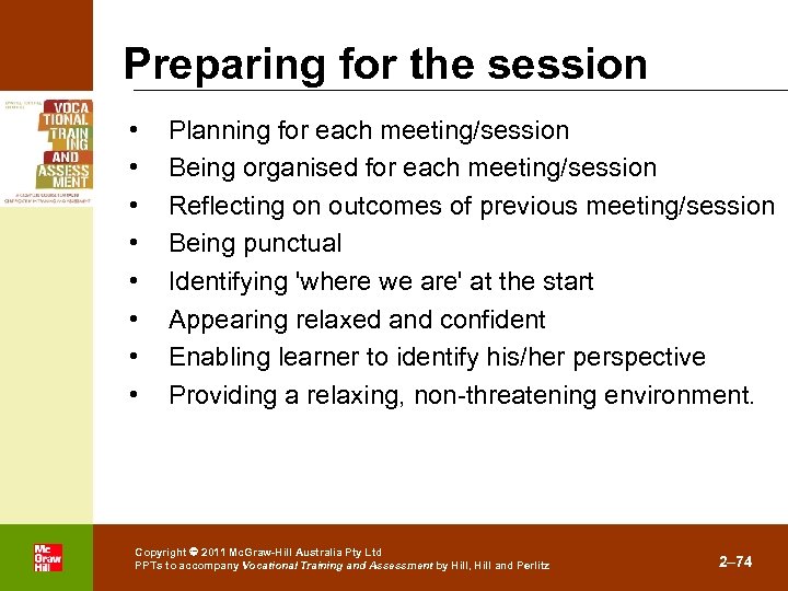 Preparing for the session • • . Planning for each meeting/session Being organised for