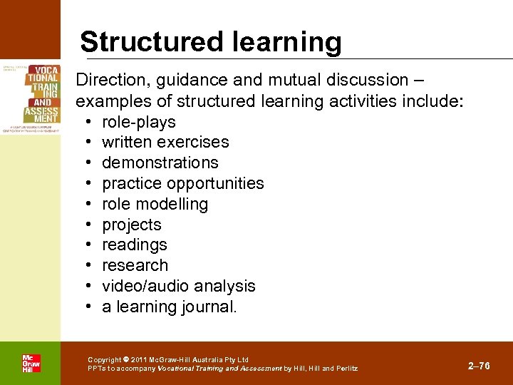 Structured learning Direction, guidance and mutual discussion – examples of structured learning activities include: