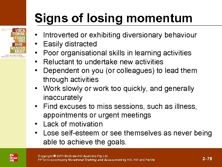 Signs of losing momentum • • • . Introverted or exhibiting diversionary behaviour Easily