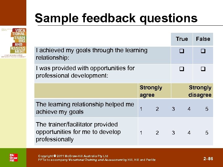 Sample feedback questions True False I achieved my goals through the learning relationship: I