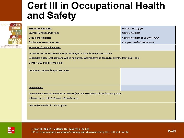 Cert III in Occupational Health and Safety Resources Required: Distribution trigger Learner Handbook/CD-Rom Commencement