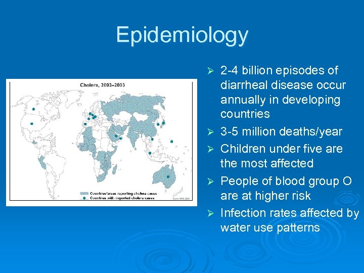 Epidemiology Ø Ø Ø 2 -4 billion episodes of diarrheal disease occur annually in