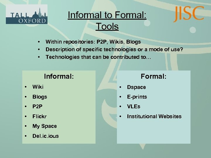 Informal to Formal: Tools • • • Within repositories: P 2 P, Wikis, Blogs