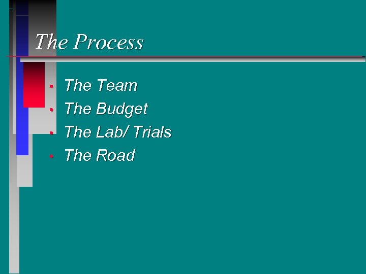 The Process • • The Team The Budget The Lab/ Trials The Road 