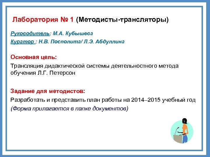 Лаборатория № 1 (Методисты-трансляторы) Руководитель: М. А. Кубышева Куратор : Н. В. Посполита/ Л.