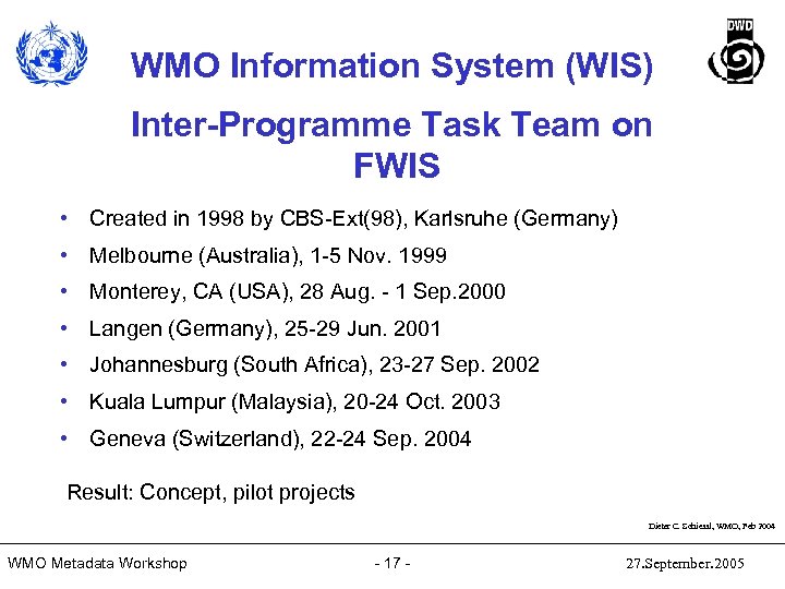 WMO Information System (WIS) Inter-Programme Task Team on FWIS • Created in 1998 by