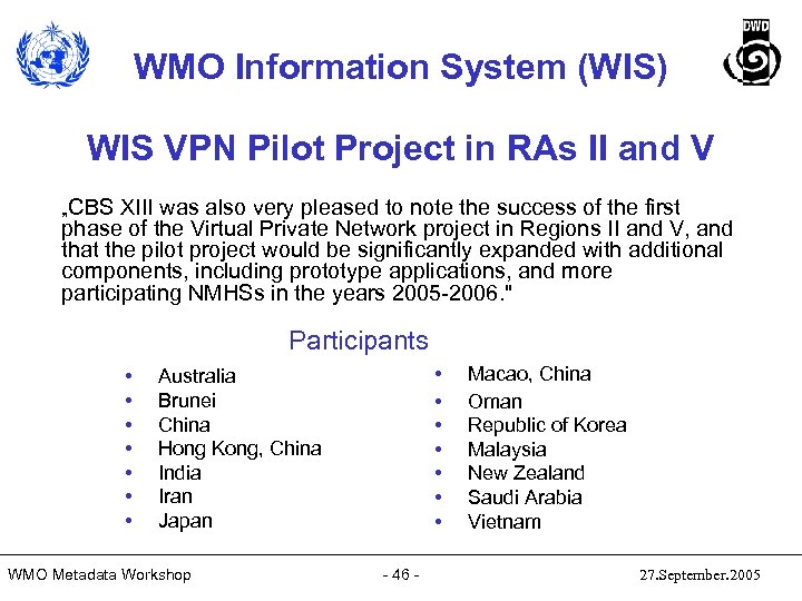 WMO Information System (WIS) WIS VPN Pilot Project in RAs II and V „CBS
