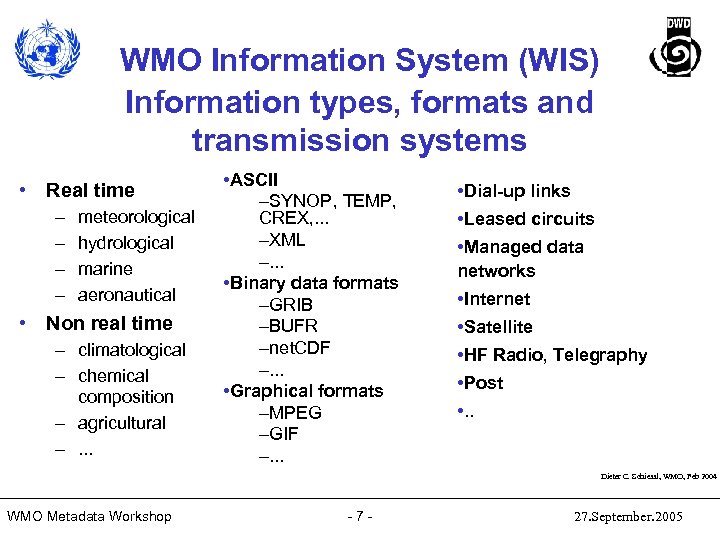 WMO Information System (WIS) Information types, formats and transmission systems • Real time –