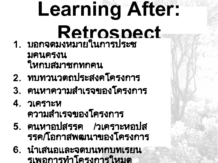 1. 2. 3. 4. 5. 6. Learning After: Retrospect บอกจดมงหมายในการประช มคนครงน ใหกบสมาชกทกคน ทบทวนวตถประสงคโครงการ คนหาความสำเรจของโครงการ