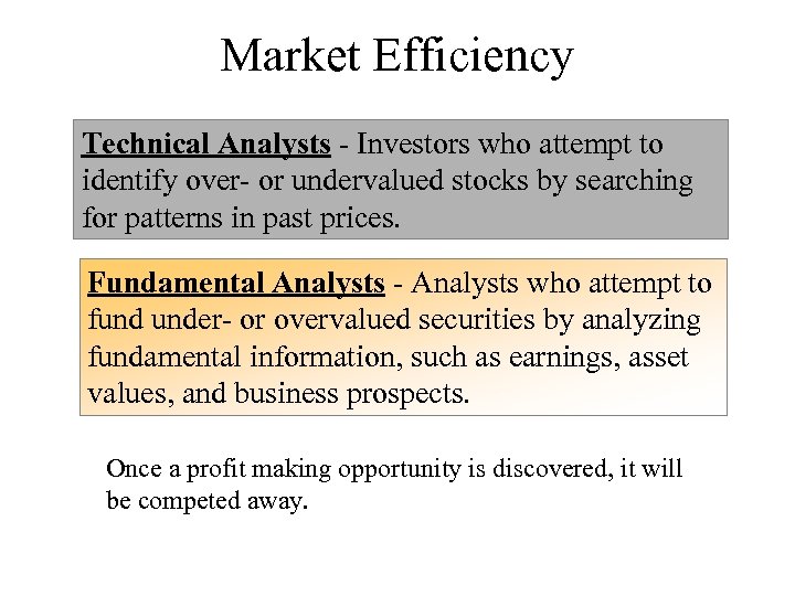 Market Efficiency Technical Analysts - Investors who attempt to identify over- or undervalued stocks