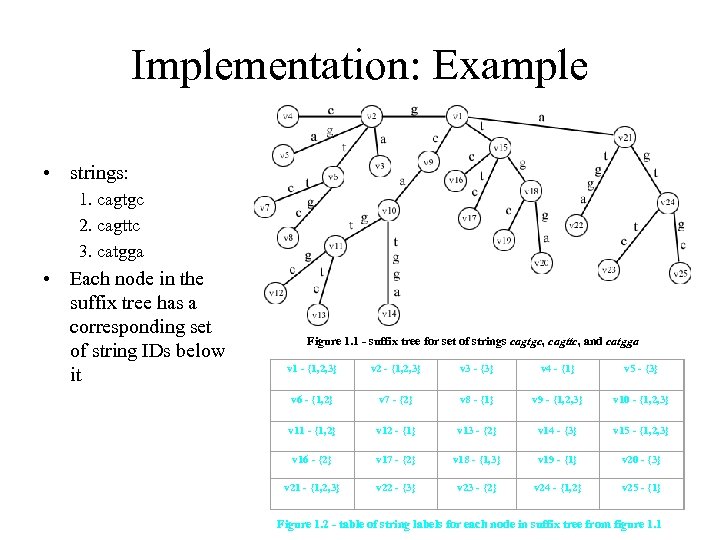 Implementation: Example • strings: 1. cagtgc 2. cagttc 3. catgga • Each node in