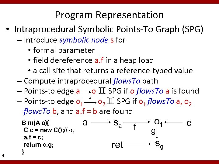Program Representation • Intraprocedural Symbolic Points-To Graph (SPG) – Introduce symbolic node s for