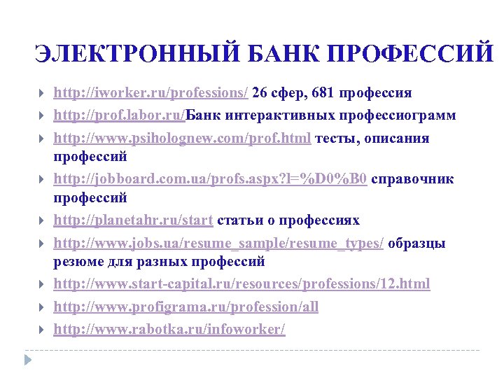ЭЛЕКТРОННЫЙ БАНК ПРОФЕССИЙ http: //iworker. ru/professions/ 26 сфер, 681 профессия http: //prof. labor. ru/Банк