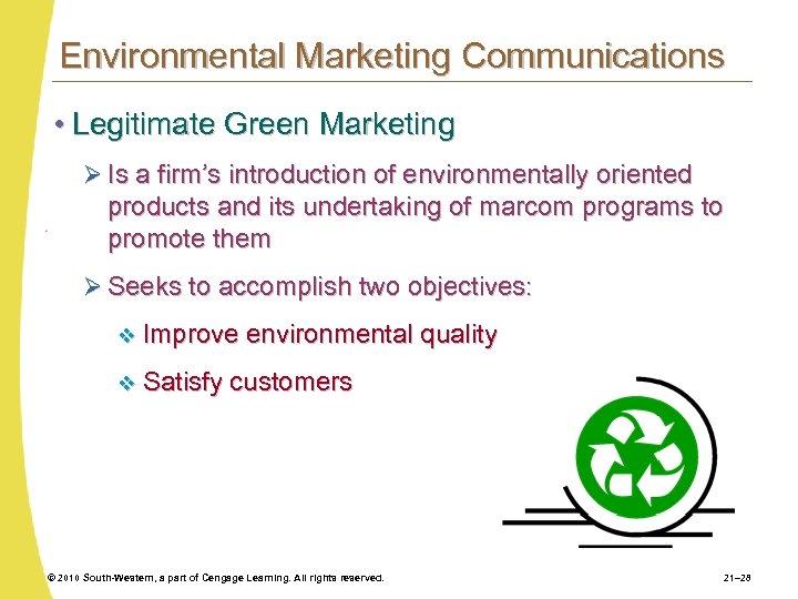 Environmental Marketing Communications • Legitimate Green Marketing Ø Is a firm’s introduction of environmentally