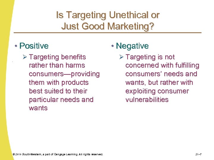 Is Targeting Unethical or Just Good Marketing? • Positive Ø Targeting benefits rather than