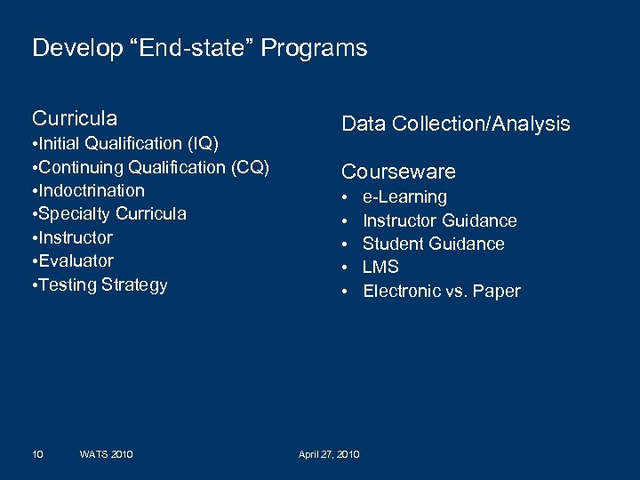 Develop “End-state” Programs Curricula • Initial Qualification (IQ) • Continuing Qualification (CQ) • Indoctrination