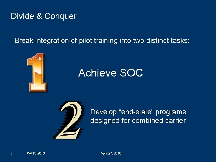 Divide & Conquer Break integration of pilot training into two distinct tasks: Achieve SOC