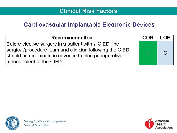 Clinical Risk Factors Cardiovascular Implantable Electronic Devices Recommendation Before elective surgery in a patient