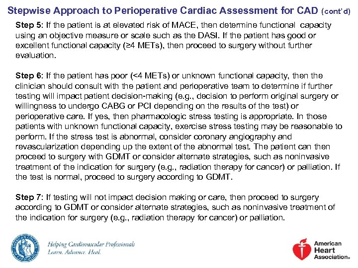 Stepwise Approach to Perioperative Cardiac Assessment for CAD (cont’d) Step 5: If the patient