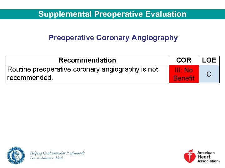 Supplemental Preoperative Evaluation Preoperative Coronary Angiography Recommendation Routine preoperative coronary angiography is not recommended.