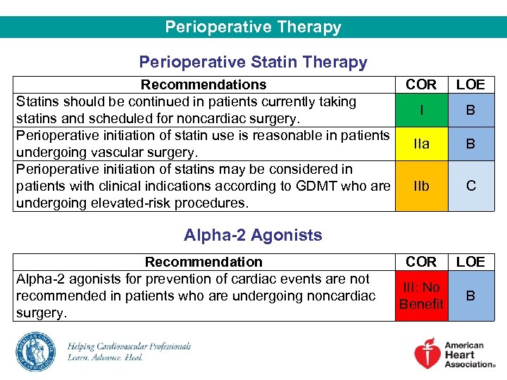 Perioperative Therapy Perioperative Statin Therapy Recommendations COR Statins should be continued in patients currently