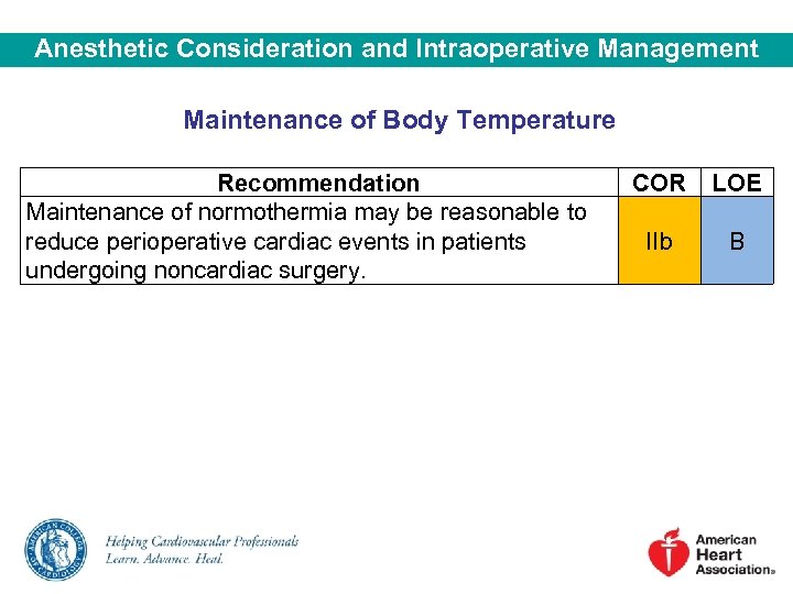 Anesthetic Consideration and Intraoperative Management Maintenance of Body Temperature Recommendation Maintenance of normothermia may