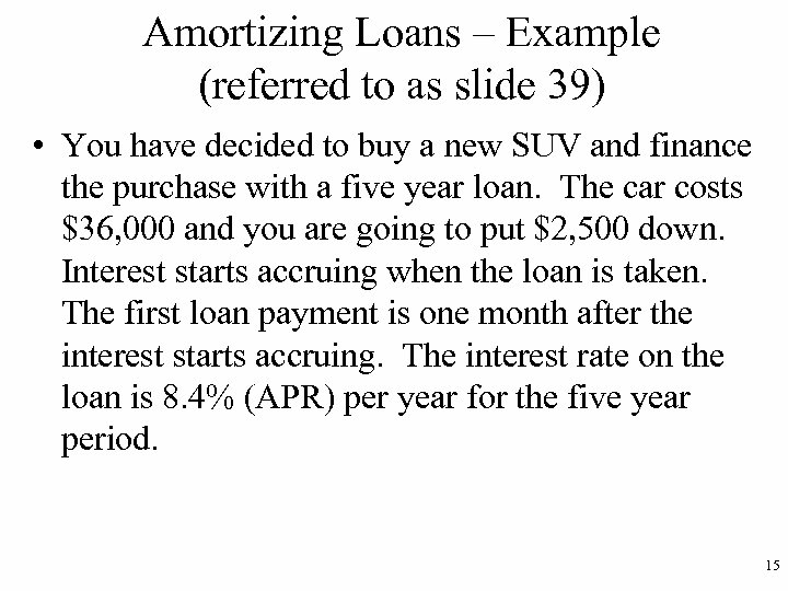 Amortizing Loans – Example (referred to as slide 39) • You have decided to